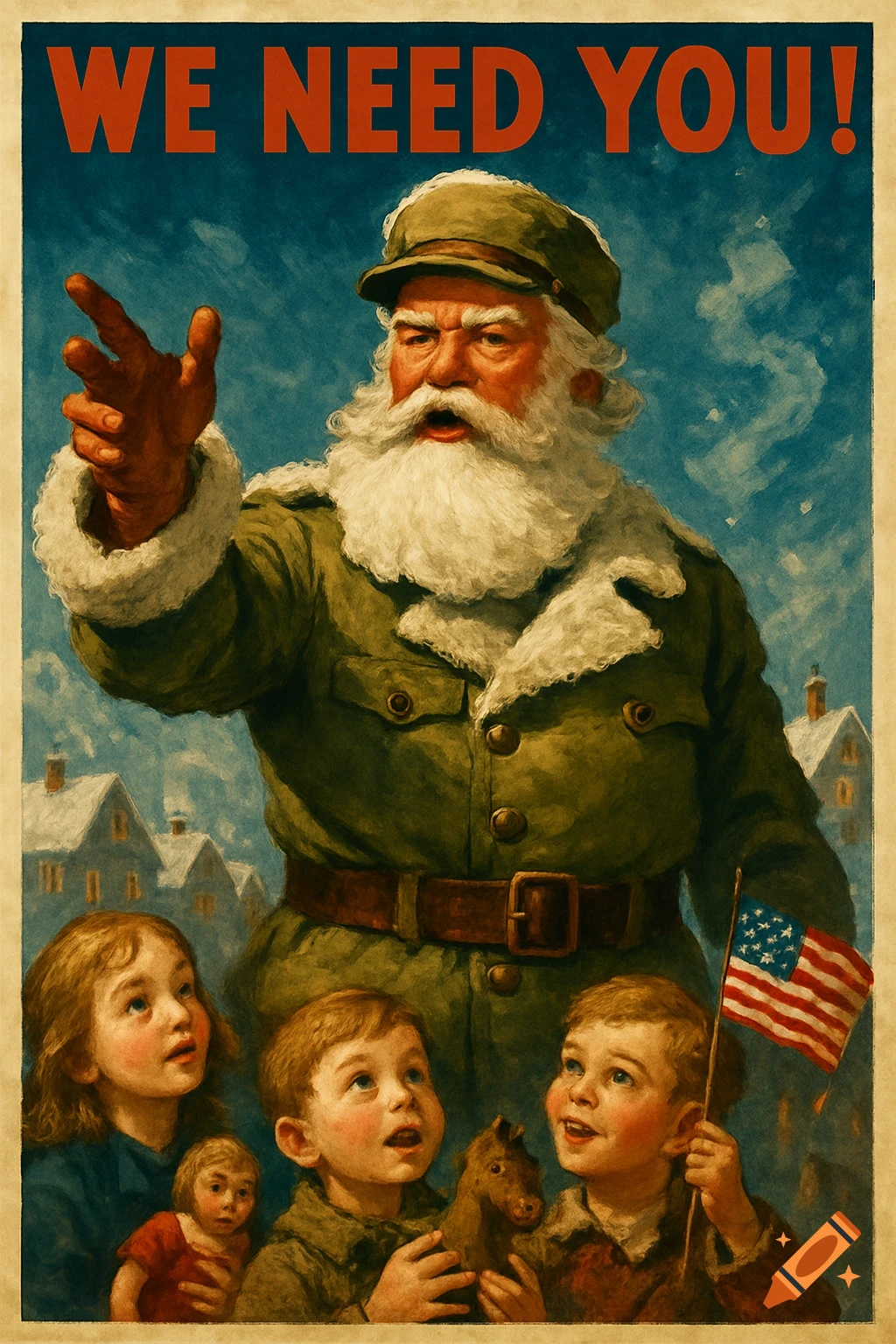 A vintage-style propaganda poster depicts Santa Claus in a military uniform, pointing upward as children look up in awe. Text reads 'WE NEED YOU!'