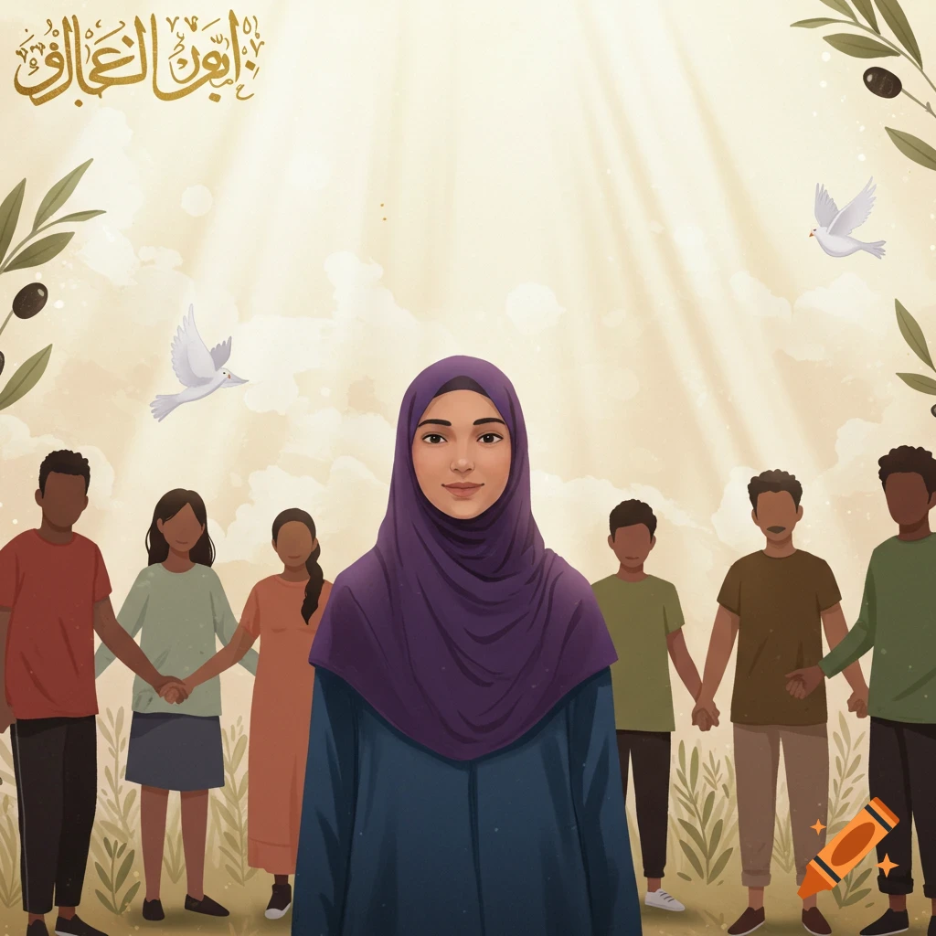 Illustration of a diverse group of people, with a woman in a hijab centered, surrounded by doves and olive branches, symbolizing unity.