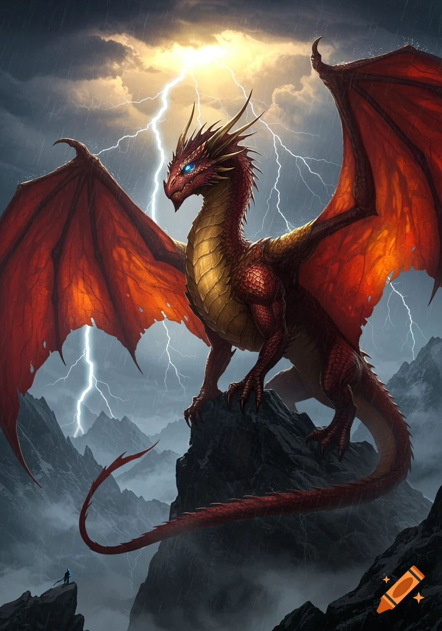 A majestic red and gold dragon with fiery wings stands on a stormy mountain peak under lightning, a tiny human below.