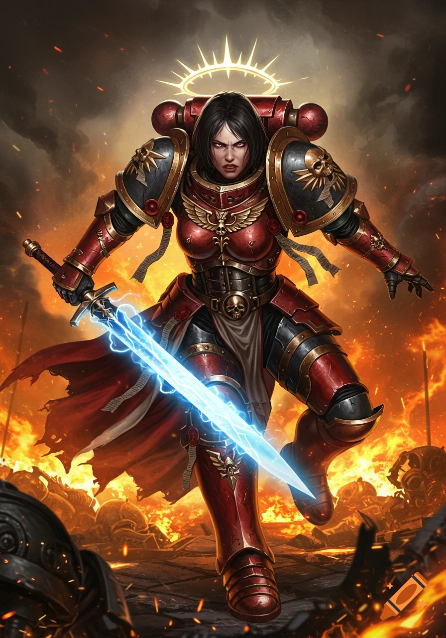 A fierce female Sister of Battle in red and black power armor advances with a glowing blue sword amid flames and debris.