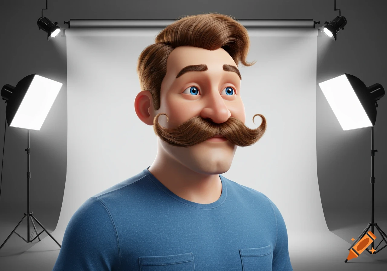 A 3D render of a cartoon man with a large brown handlebar mustache, blue eyes, and a blue shirt, looking up in a photo studio.