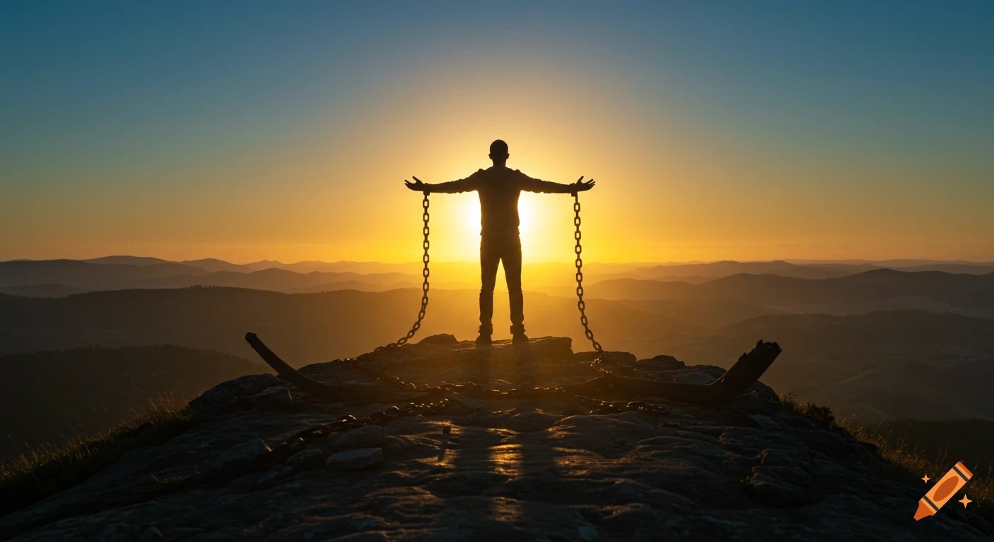 Silhouette of a person with outstretched arms breaking free from chains on a mountain peak during a golden sunrise, photorealistic.