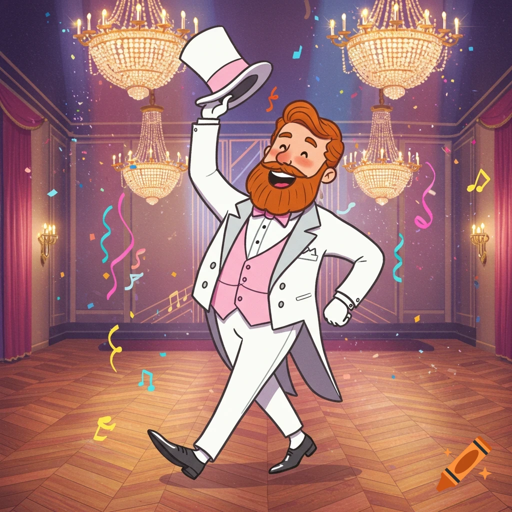 Cheerful cartoon bearded man in a white tuxedo and top hat, dancing in a grand ballroom with chandeliers and confetti.