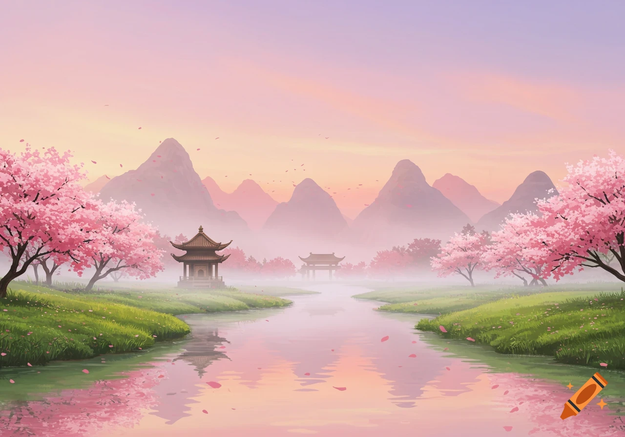 Stylized landscape with pink cherry blossom trees, traditional pagodas, a river, and misty mountains under a pastel sky.