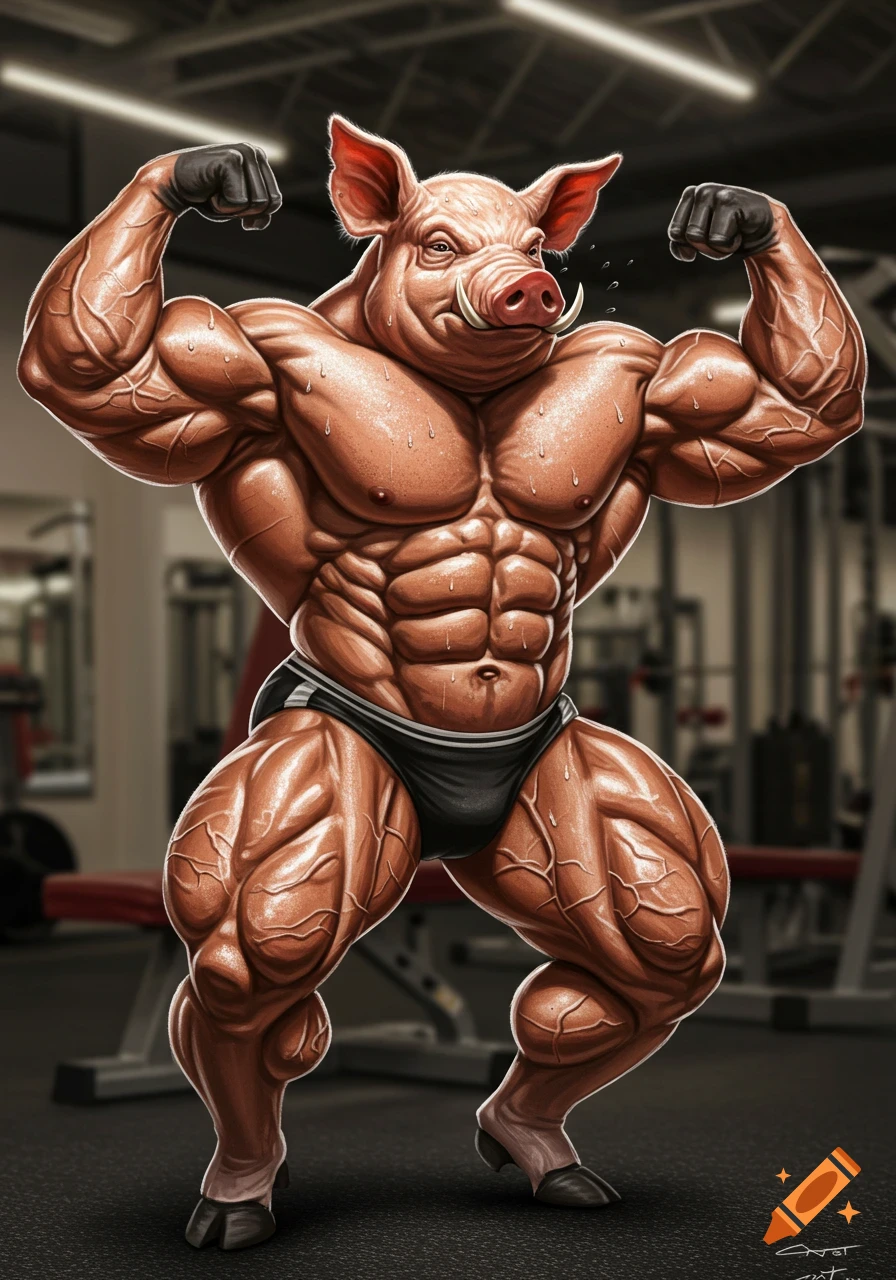 A highly muscular, anthropomorphic pig in black speedos flexes in a bodybuilding pose inside a gym.