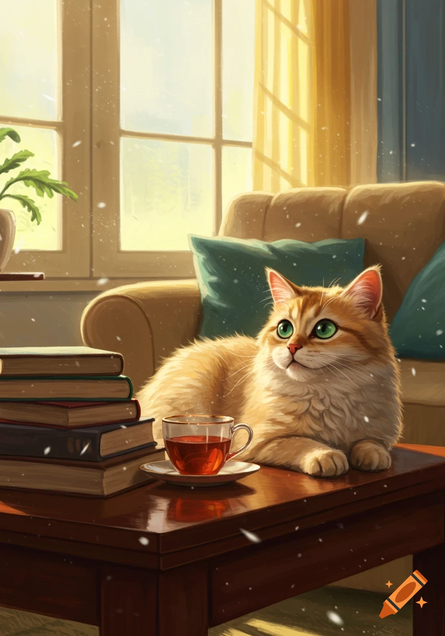 A fluffy orange cat with green eyes on a table next to books and a teacup. Snow falls outside a sunlit window in a cozy digital painting.