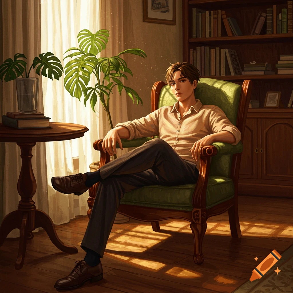 An anime-style illustration of a young man with brown hair sitting in a green armchair in a sunlit room with a bookshelf and plants.