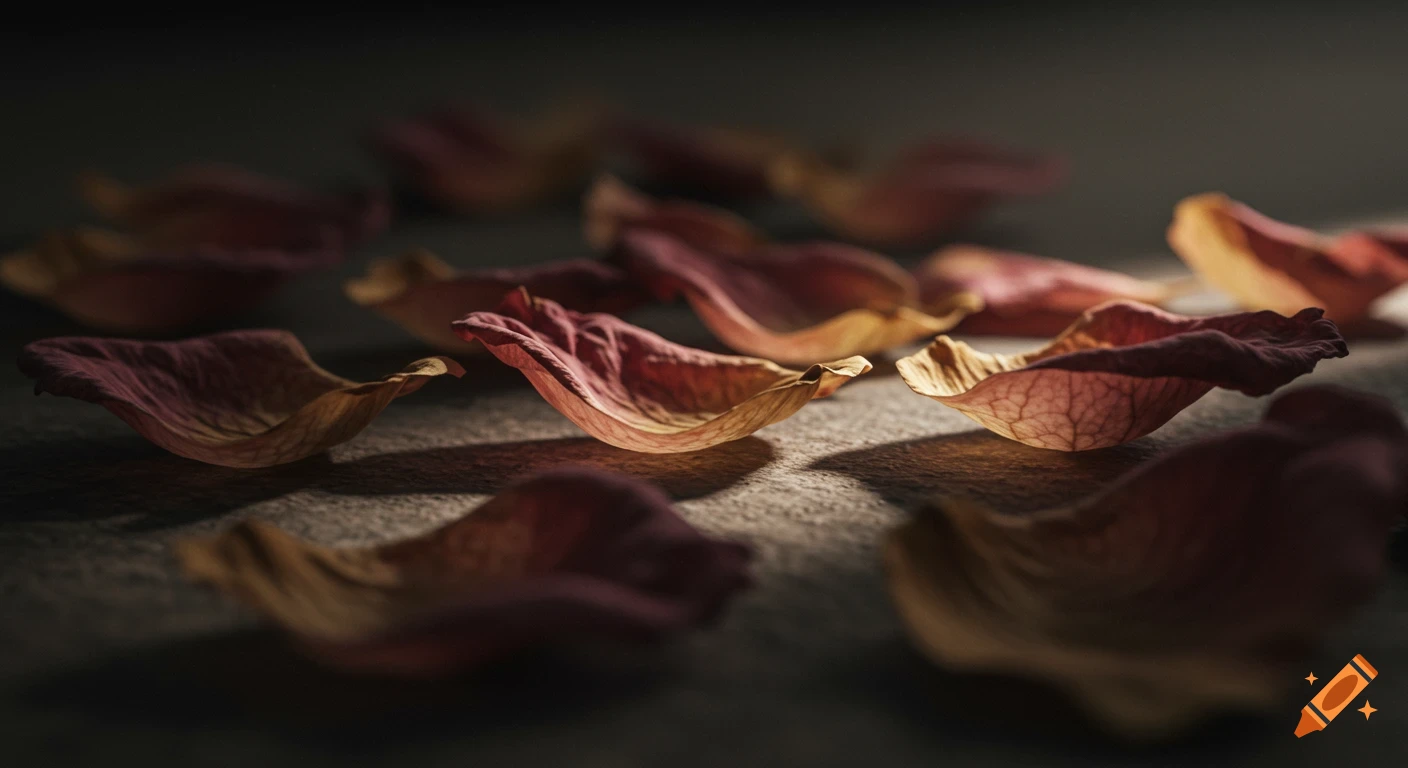 Close-up of scattered withered flower petals on a dark surface with dramatic lighting.