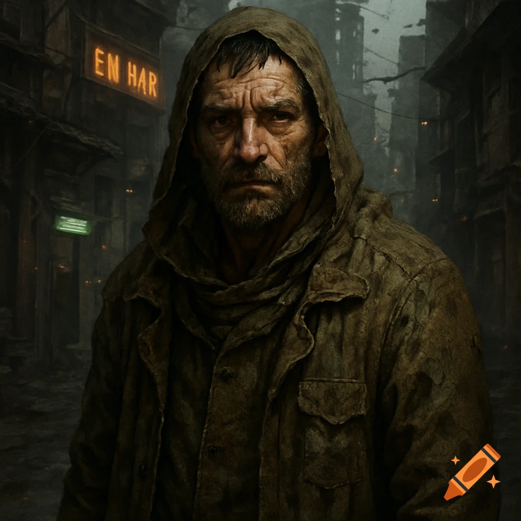 Stern, grizzled man in a ragged hooded cloak and coat in a dark, grimy city street with a neon sign.