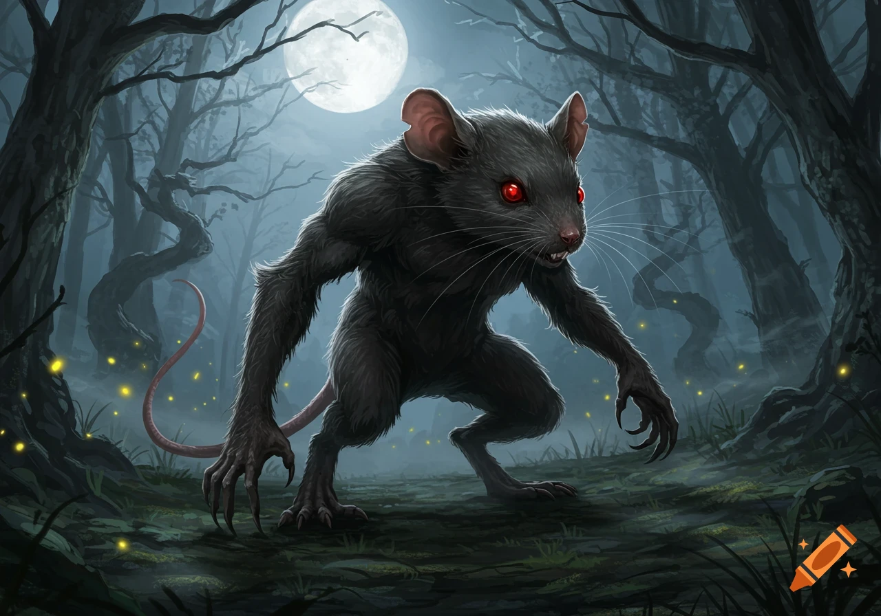 A dark, bipedal weremouse with glowing red eyes and sharp claws stalks through a spooky, moonlit forest.
