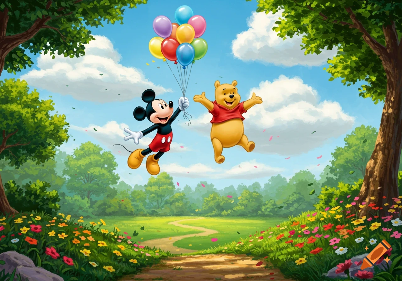 Mickey Mouse and Winnie the Pooh float in a blue sky, holding colorful balloons above a green forest with flowers and a trail.