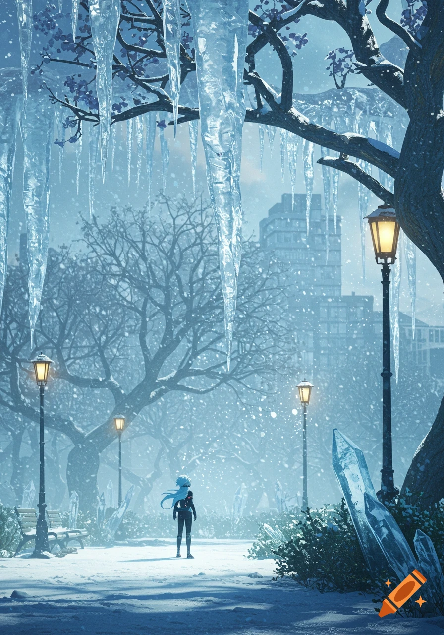 Anime character in a snowy park at night, under icicle-covered trees, with lampposts and glowing ice crystals.