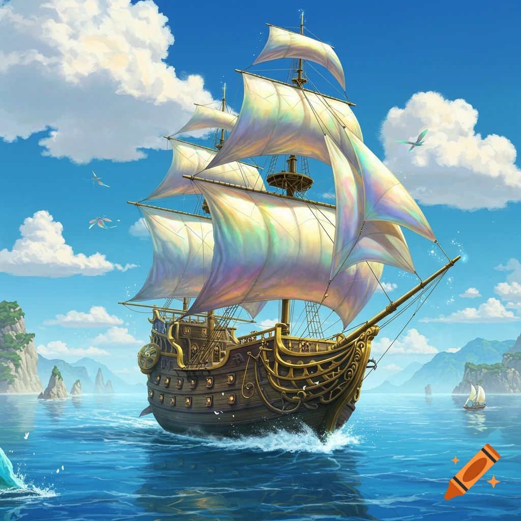 A majestic fantasy sailing ship with iridescent sails glides on blue waters, surrounded by islands under a clear sky. Illustration.