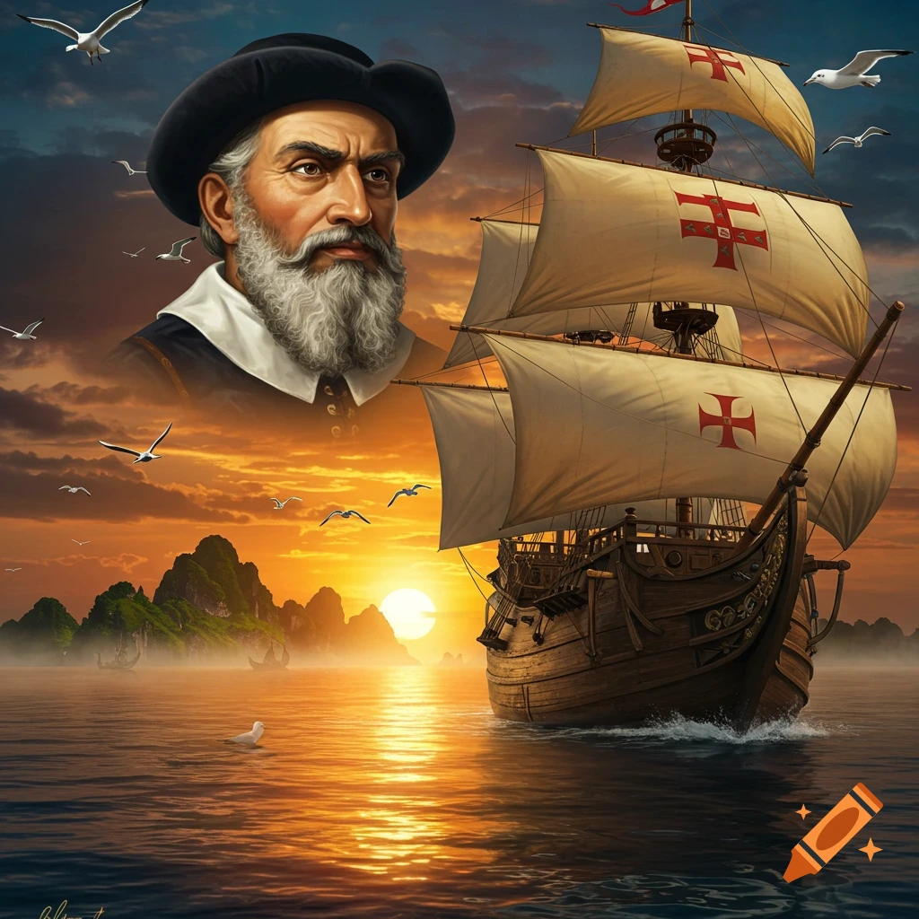 Digital painting of a bearded man (Vasco da Gama) next to a caravel with red cross sails, sailing into a vibrant sunset over rocky islands.