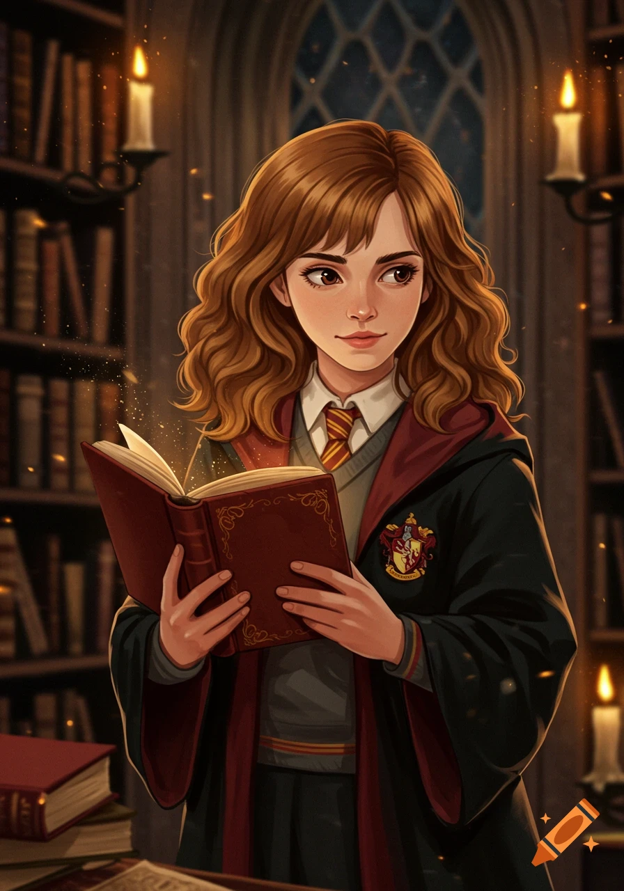 Stylized illustration of Hermione Granger in a Hogwarts robe, holding a glowing book in a candlelit library.