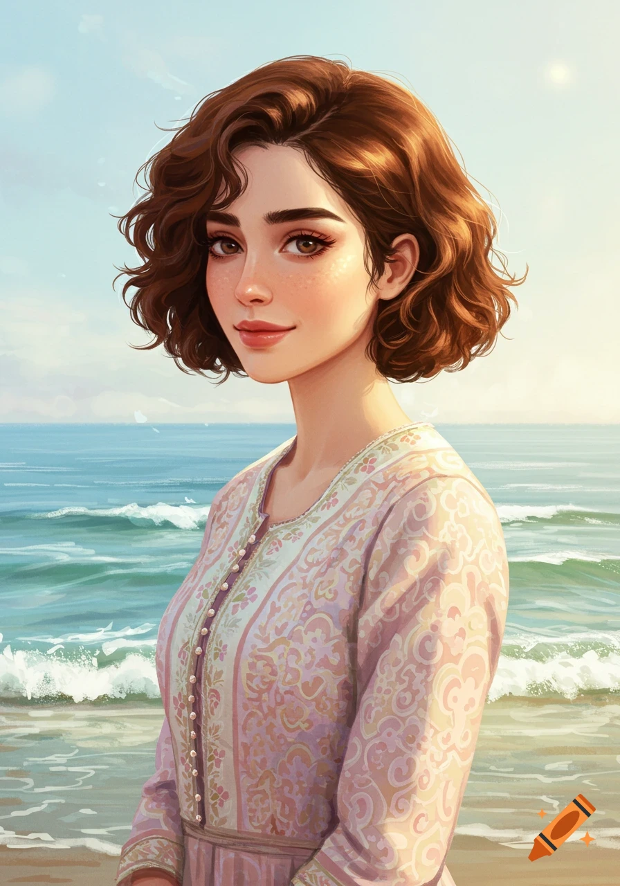 Artistic portrait of a woman with curly brown hair in a patterned traditional dress, standing by the sea.
