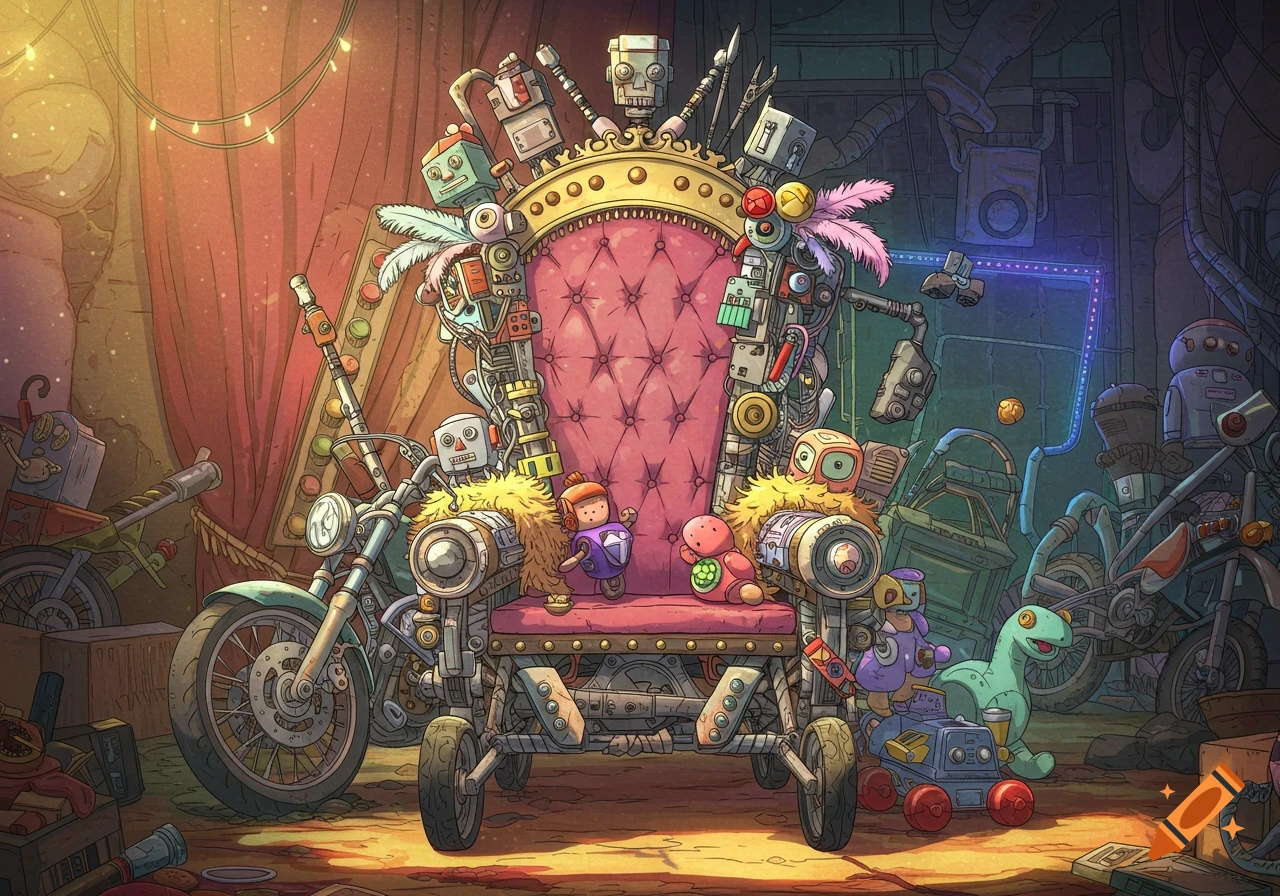 An anime-style ramshackle throne for a child, made from motorcycle parts, old toys, robots, and scrap materials.