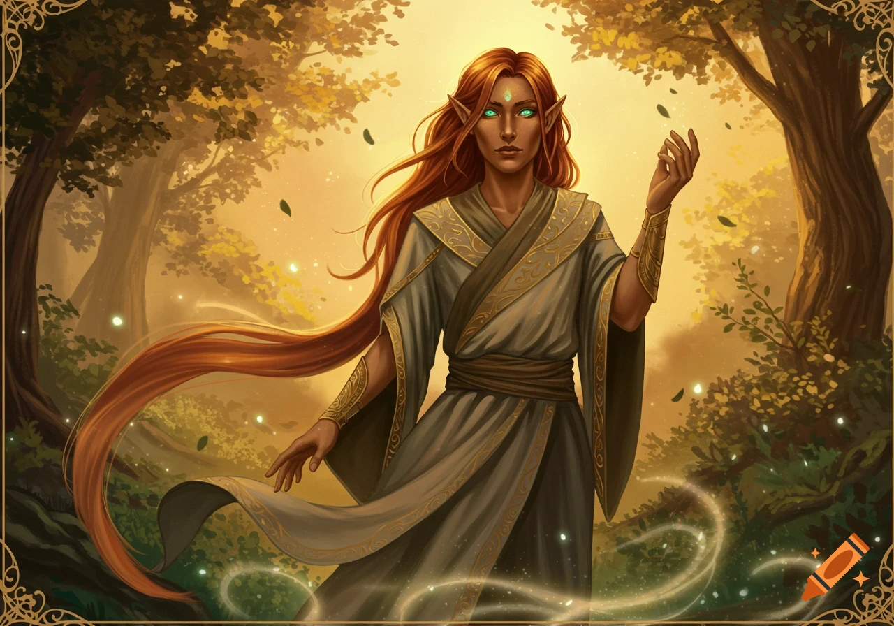 A fantasy elf with long red hair, glowing green eyes, and olive skin, wearing a grey and gold robe, stands in a magical forest with glowing orbs.