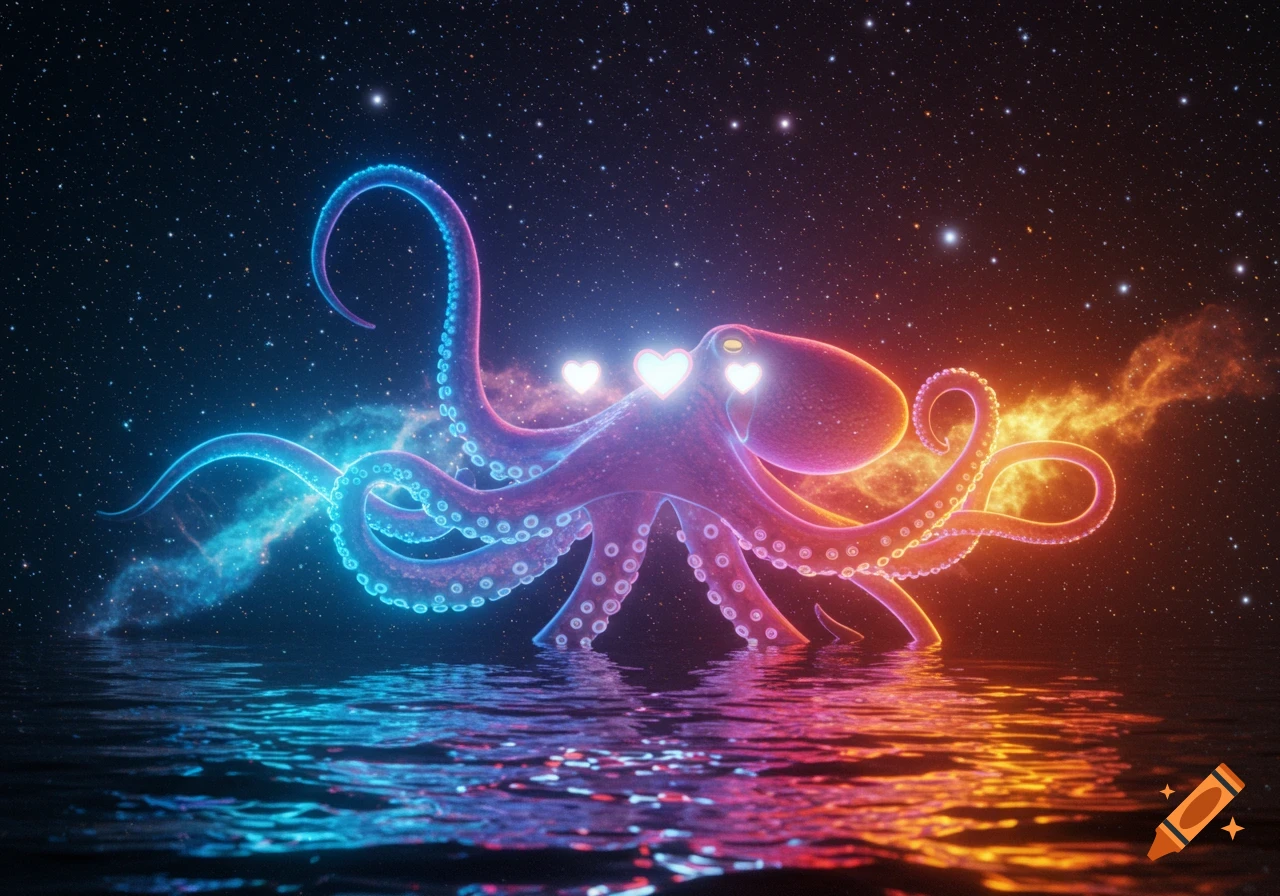 A surreal neon-glowing octopus with three hearts for eyes swims in cosmic water with reflections.