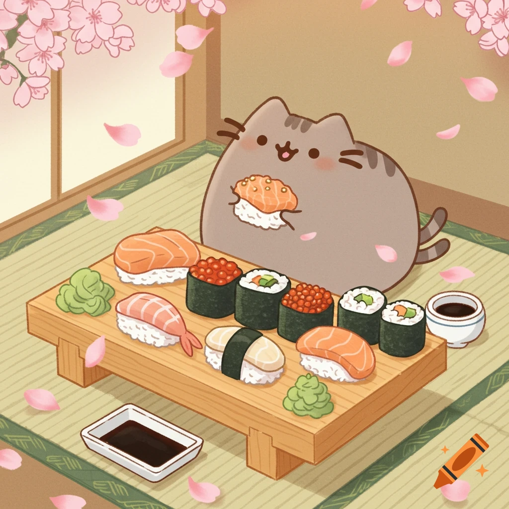 Cute cartoon Pusheen cat happily eating sushi from a wooden board, surrounded by falling cherry blossoms.