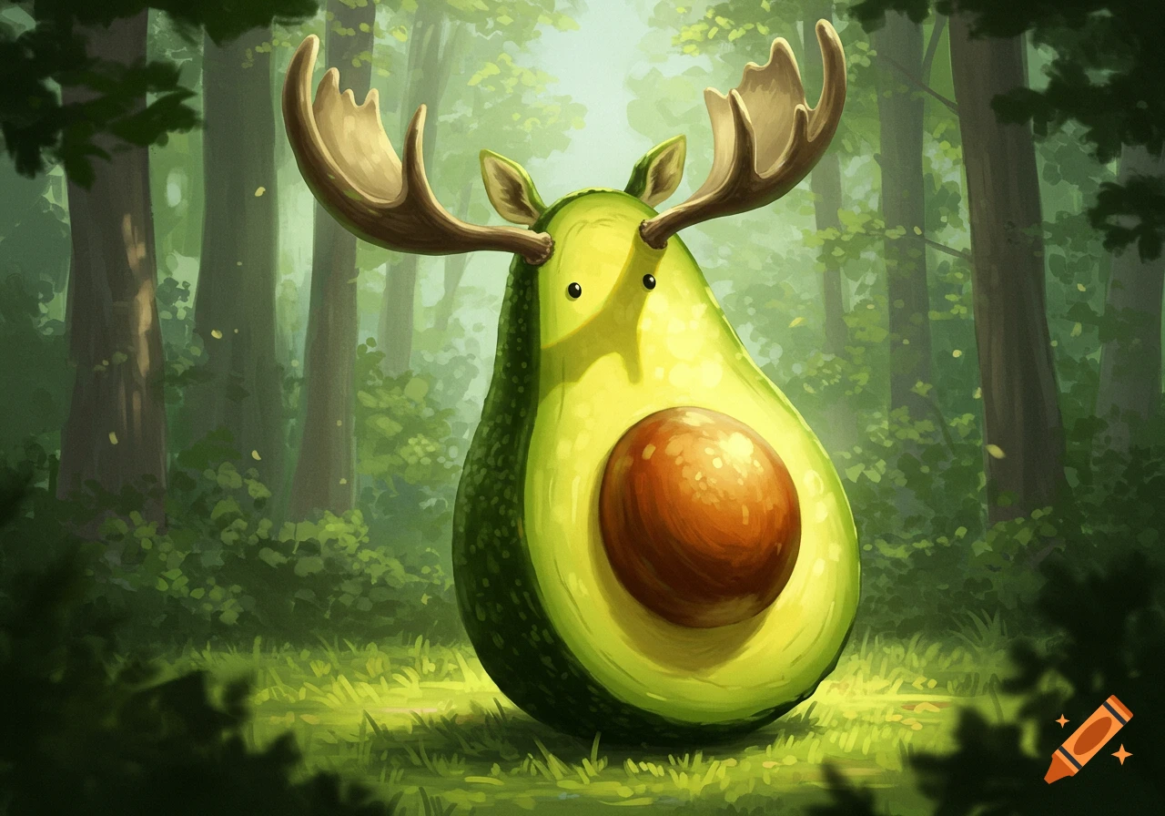 A cartoon-style avocado creature with moose antlers and small black eyes stands in a bright, green forest, digital painting.