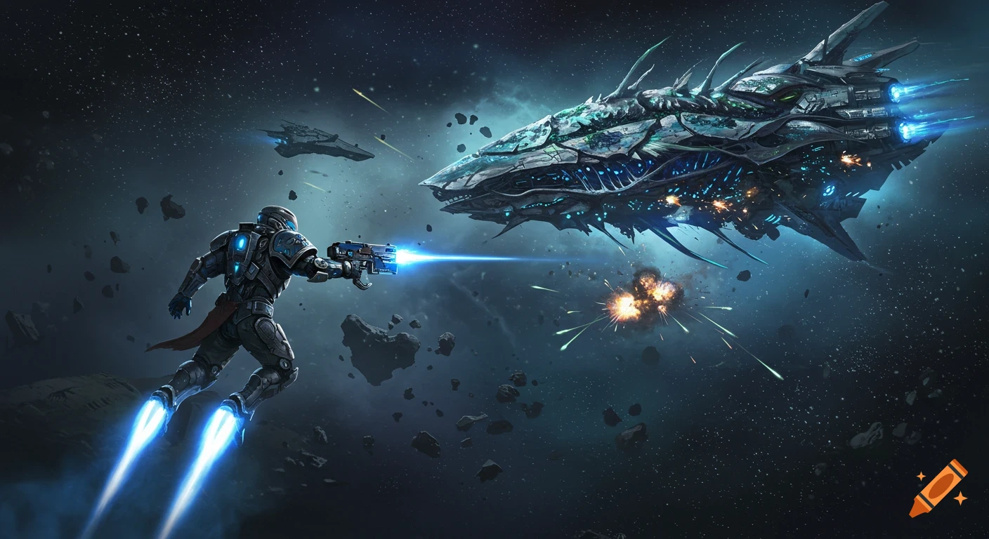 A space marine in battle armor fires an arm cannon at a large, organic-looking spaceship amidst a battle in deep space.