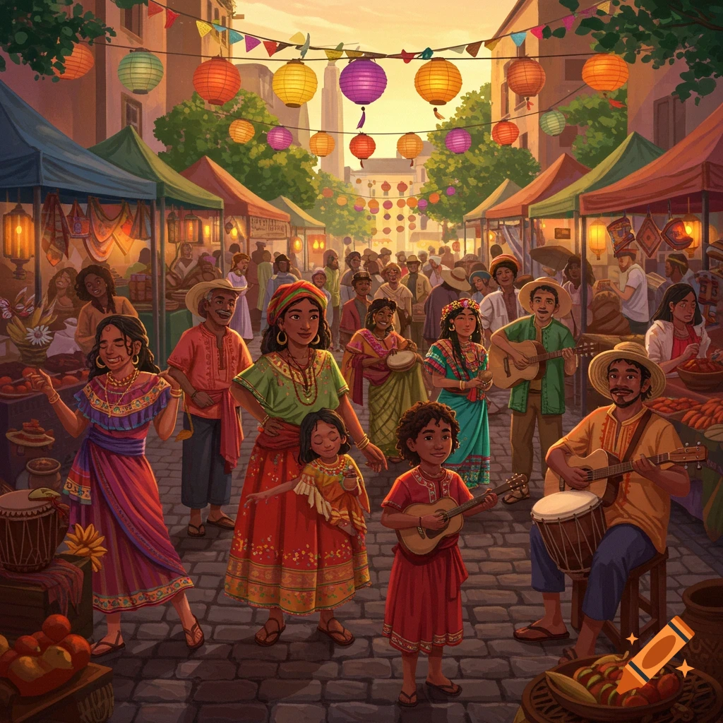 A vibrant market scene with people dressed in traditional attire, some playing music, under colorful lanterns, in an illustrative style.