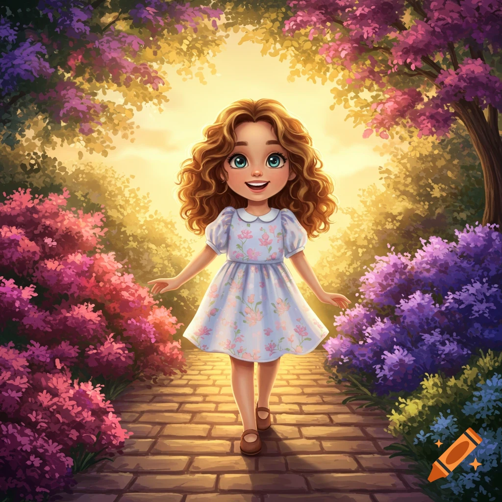 A smiling cartoon girl with curly hair walks on a brick path through a vibrant, fantastical garden with purple and pink flowers.