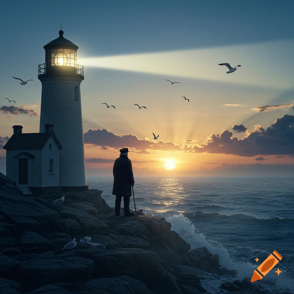 A lone lighthouse keeper stands on rocky cliffs beside a lighthouse, gazing at a dramatic sunset over the ocean with seagulls flying.