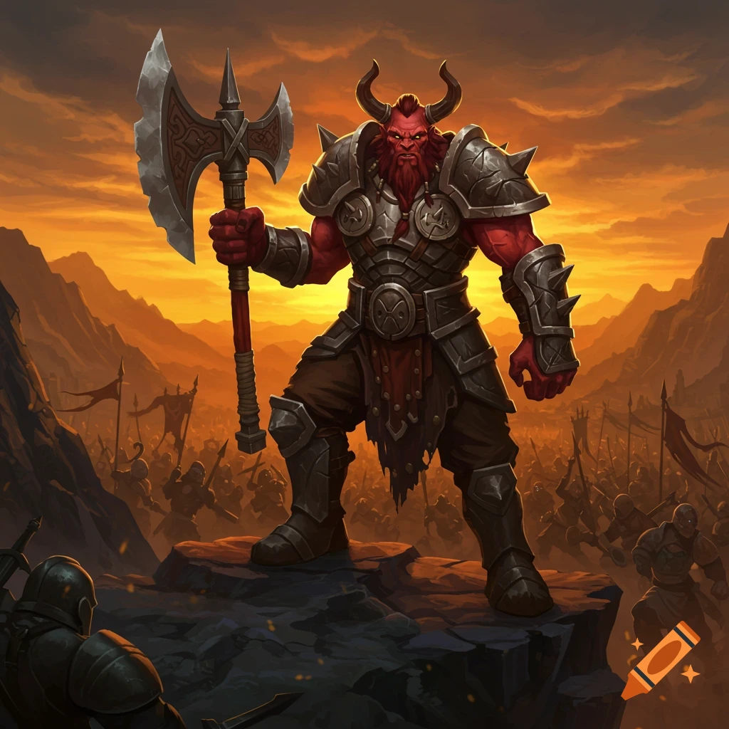 Red-skinned, horned warrior in armor holding an axe, overlooking a battlefield at sunset. Fantasy art.