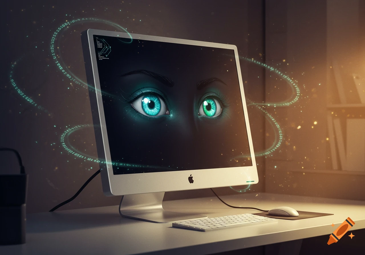 A computer monitor with glowing blue and green eyes on a dark screen, surrounded by swirling binary code. A keyboard and mouse are on the desk.