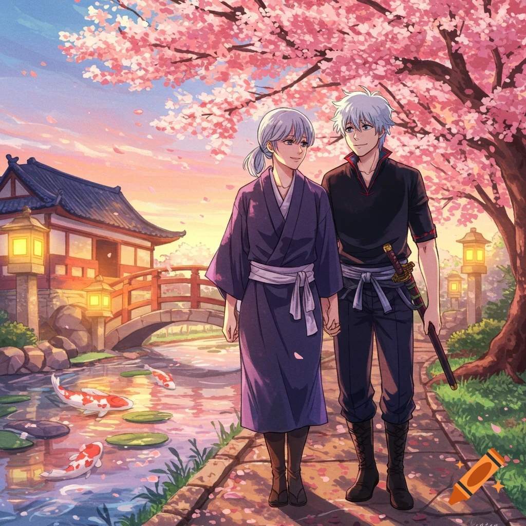 Anime couple holding hands, walking on a path with fallen cherry blossoms next to a koi pond and traditional Japanese buildings at sunset.