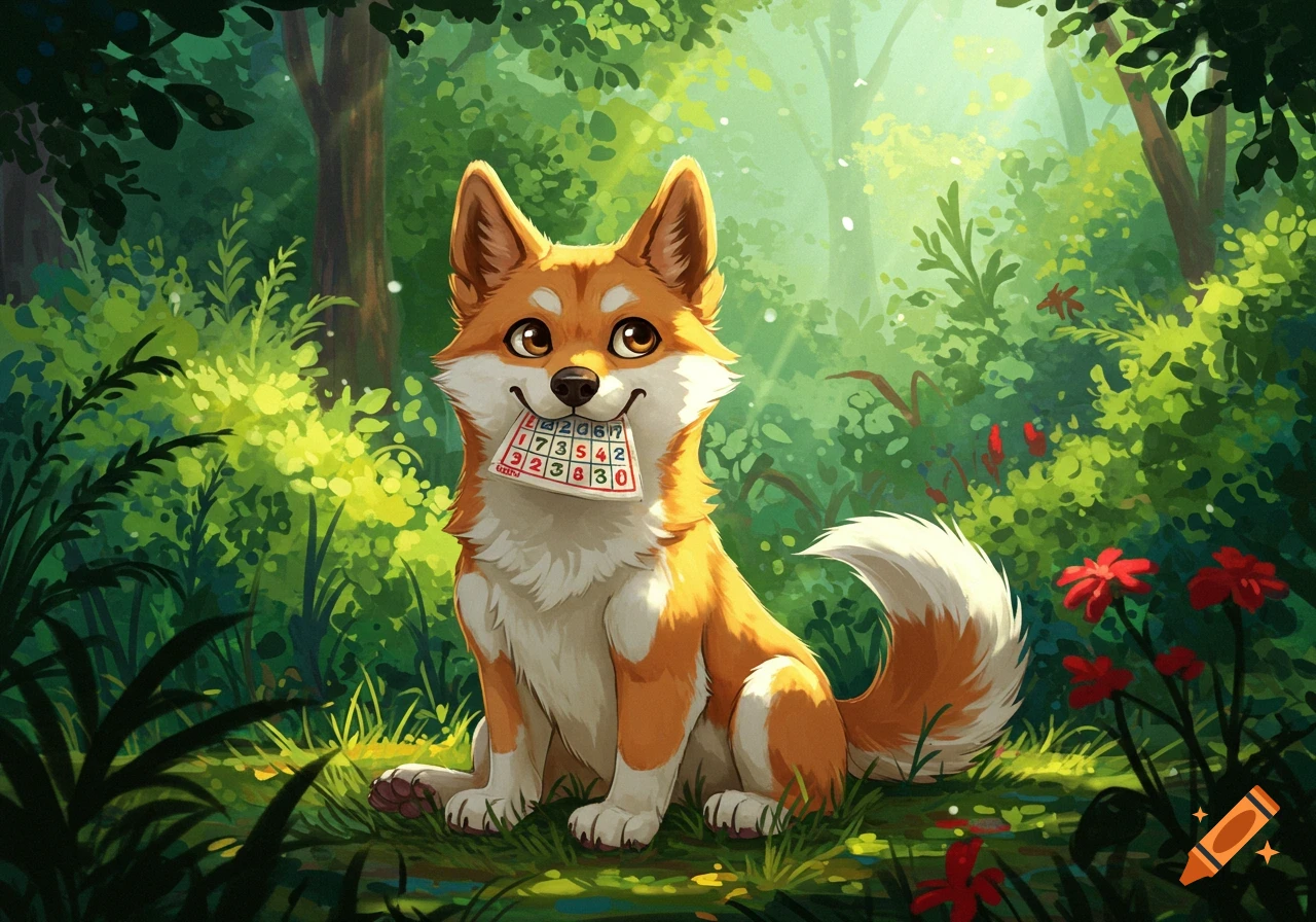 A cheerful cartoon fox sits in a sunny, green forest, holding a number card in its mouth.