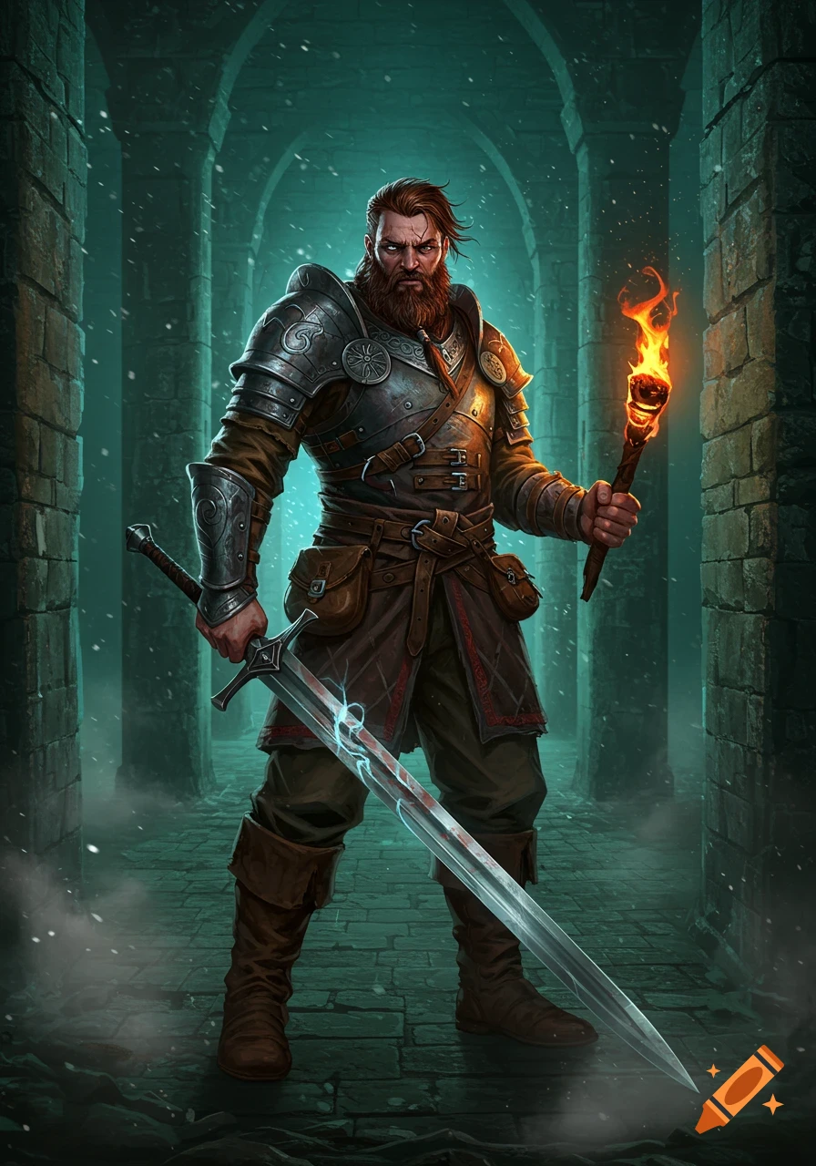 A bearded fantasy adventurer in metal and leather armor holds a glowing sword and a torch in an eerie, snowy labyrinth.
