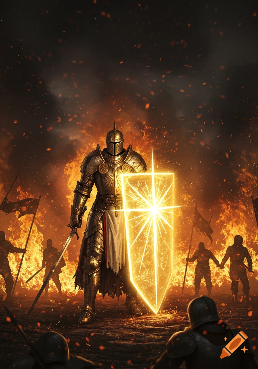 A heavily armored holy knight with a glowing tower shield stands among warriors, surrounded by fire and smoke.