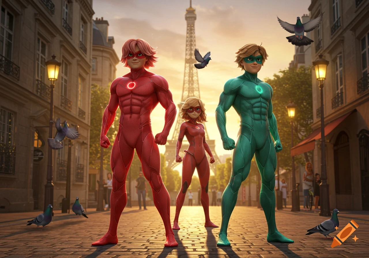 Three animated superhero characters, two muscular males and one female, pose on a Parisian street with the Eiffel Tower in the background.