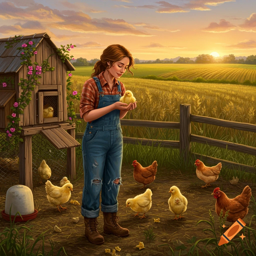 An illustrated image of a woman in overalls holding a chick on a farm at sunset, surrounded by chickens and a coop.