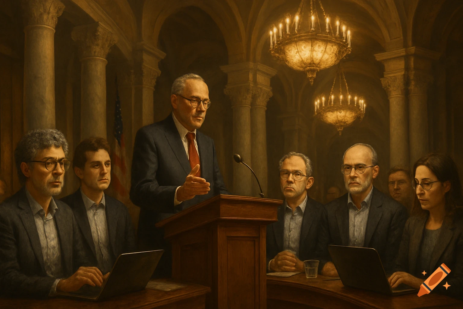 A man speaks at a podium in a grand hall, addressing several people seated at a table with laptops, in a realistic painting style.