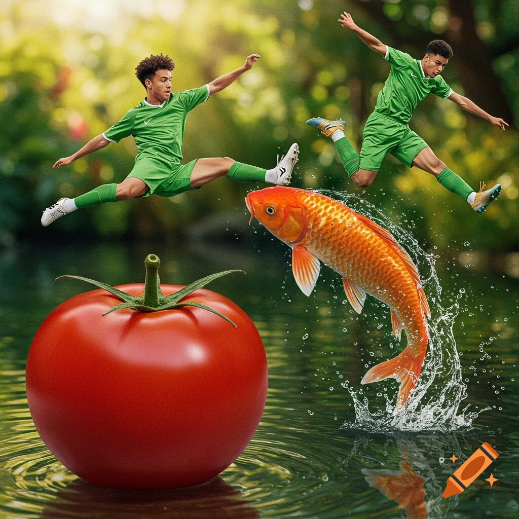 Two soccer players leap over a giant red tomato and a jumping orange koi fish in a pond, in a photorealistic style.