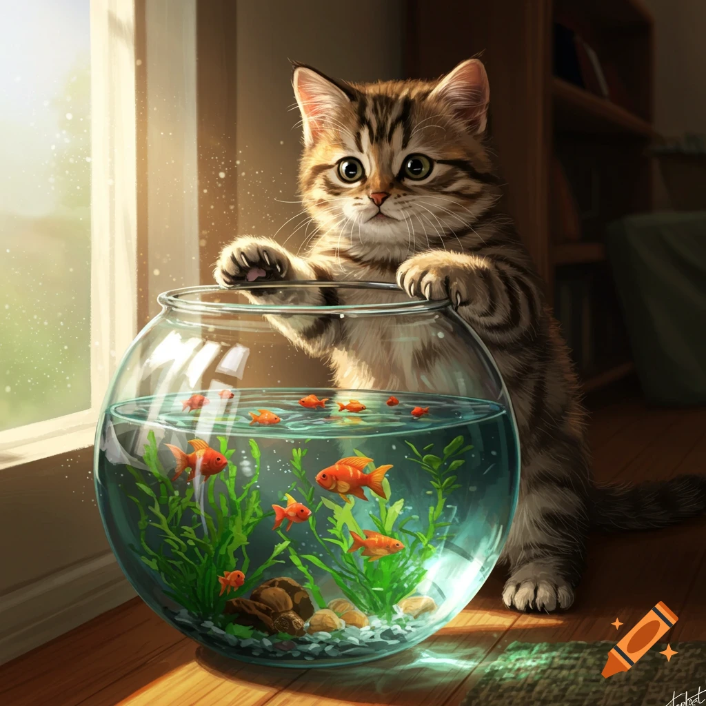 A photorealistic tabby kitten with green eyes peeks into a fishbowl with goldfish and plants, its paws on the rim near a sunlit window.
