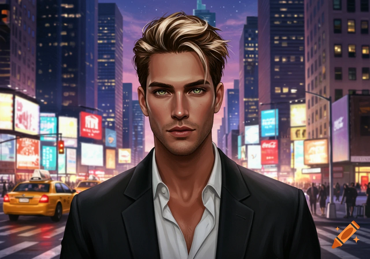 A man with bleached highlights and green eyes in a black suit stands on a busy New York City street at dusk, with illuminated skyscrapers and billboards.