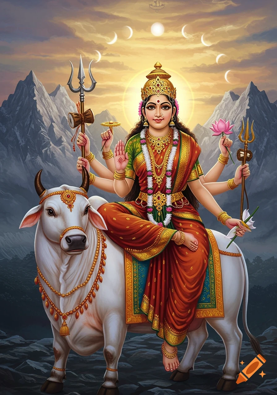 A serene multi-armed Hindu goddess Maa Shailaputri, adorned in traditional garments, sits upon a white bull against mountains and a warm, glowing sky.