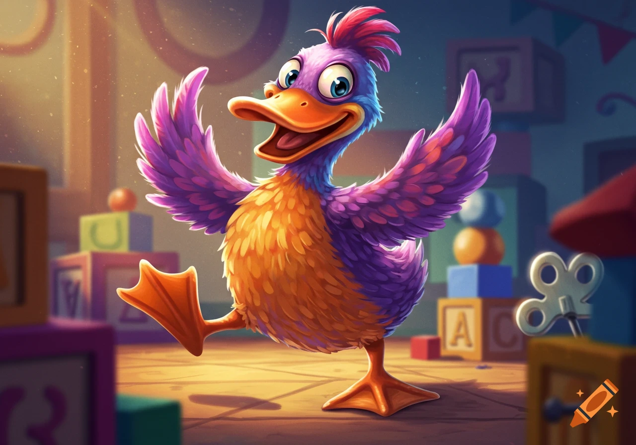 A vibrant, purple and orange cartoon duck with big eyes and a wide smile, dancing in a child's toy room filled with blocks and other toys.