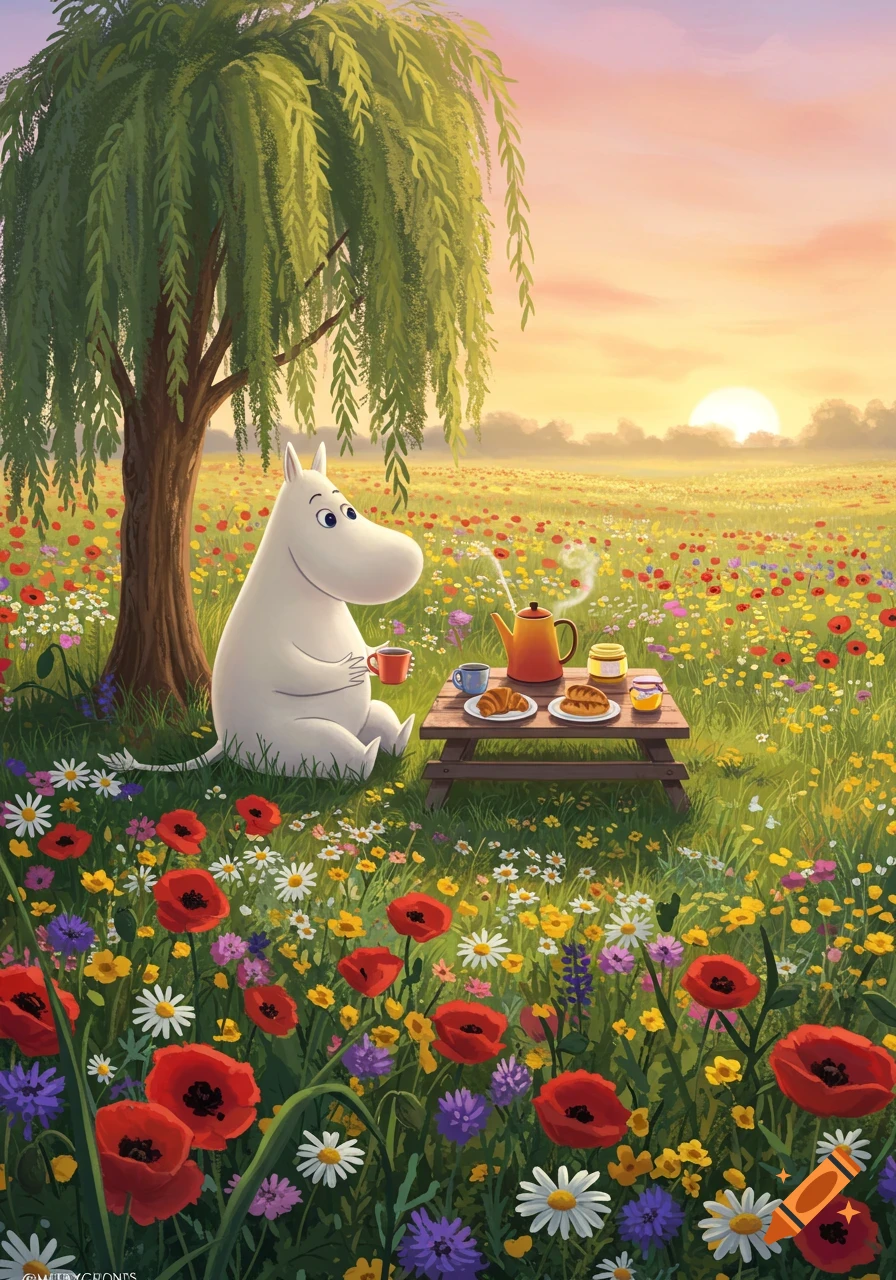 A Moomin sits under a willow tree having breakfast at a picnic table in a colorful flower meadow at sunrise, cartoon style.
