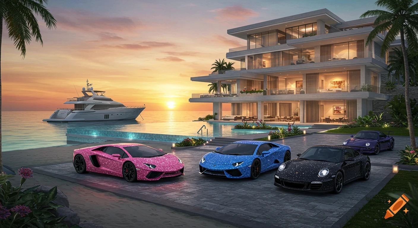 A luxurious modern villa with an infinity pool and several exotic cars, including pink, blue, and black glitter-covered sports cars, overlooking a beach with a yacht on the ocean at sunset.
