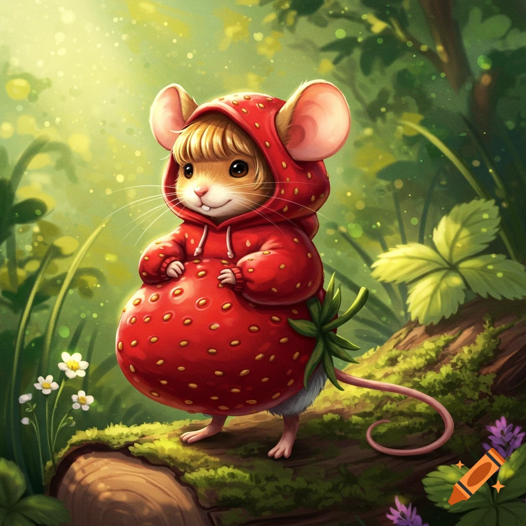 A cute mouse in an oversized strawberry hoodie stands on a mossy log in a sunlit forest. Whimsical illustration.