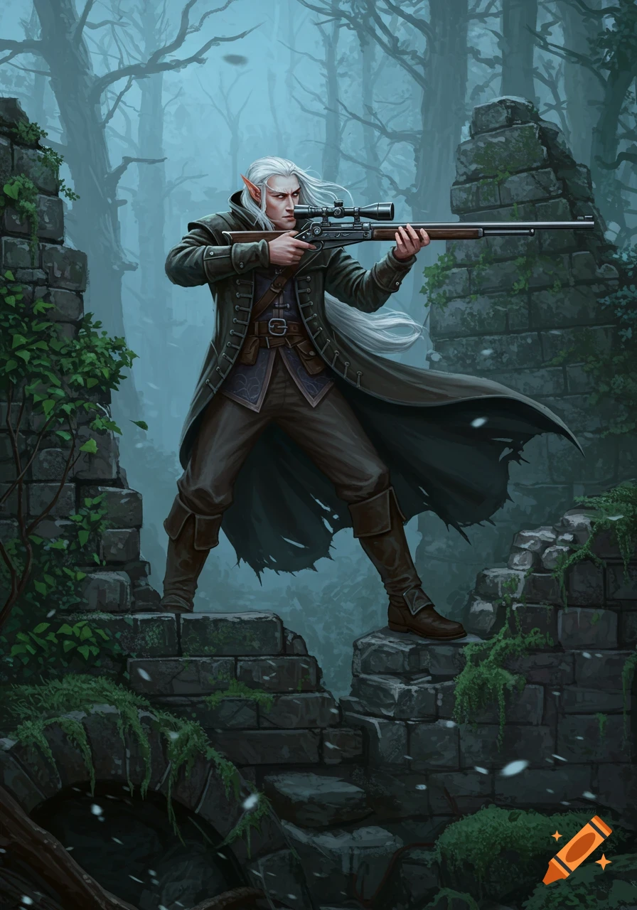 A white-haired male elf sniper in a long coat aims a blackpowder rifle while standing on mossy castle ruins in a misty forest.