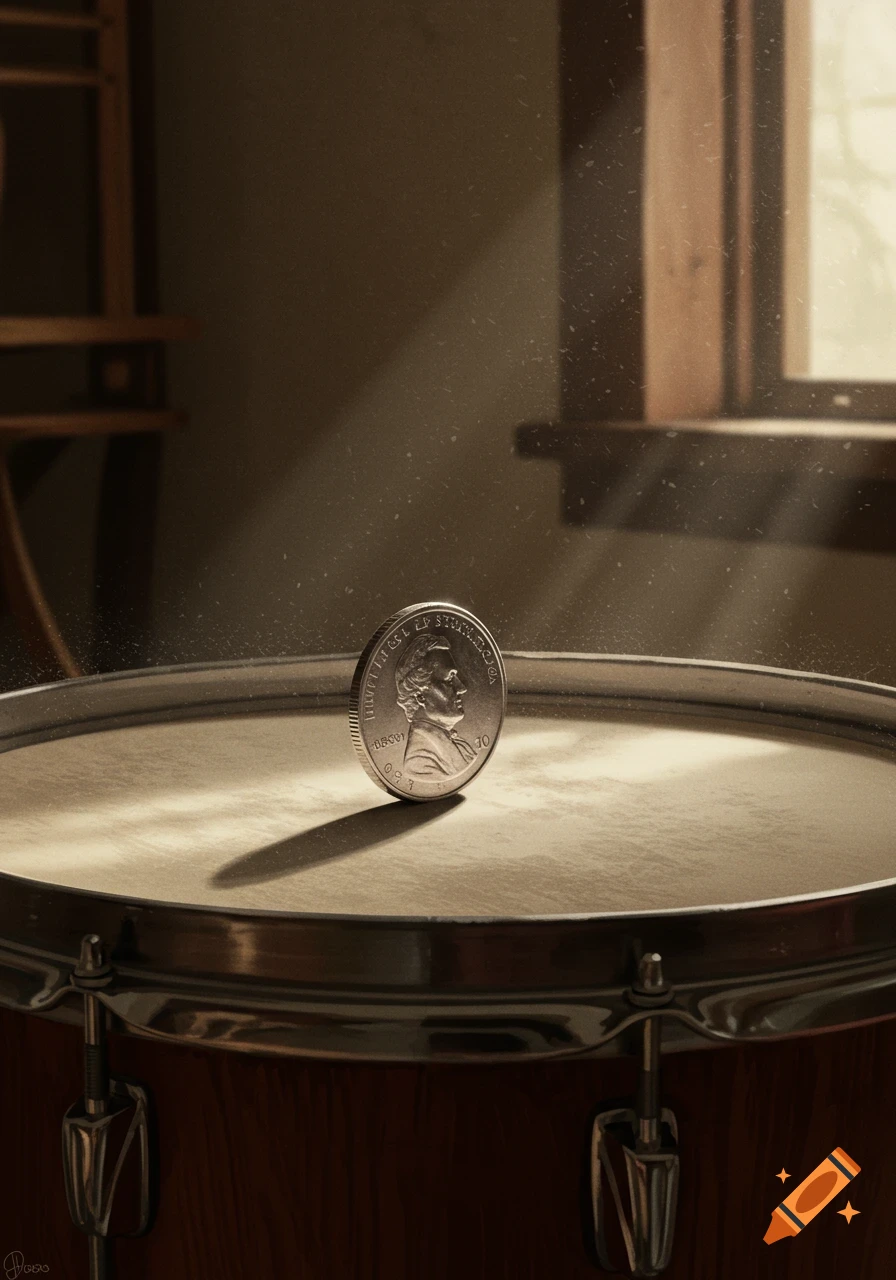 A nickel balancing on the head of a drum, illuminated by a sunbeam through a window in a photorealistic style.