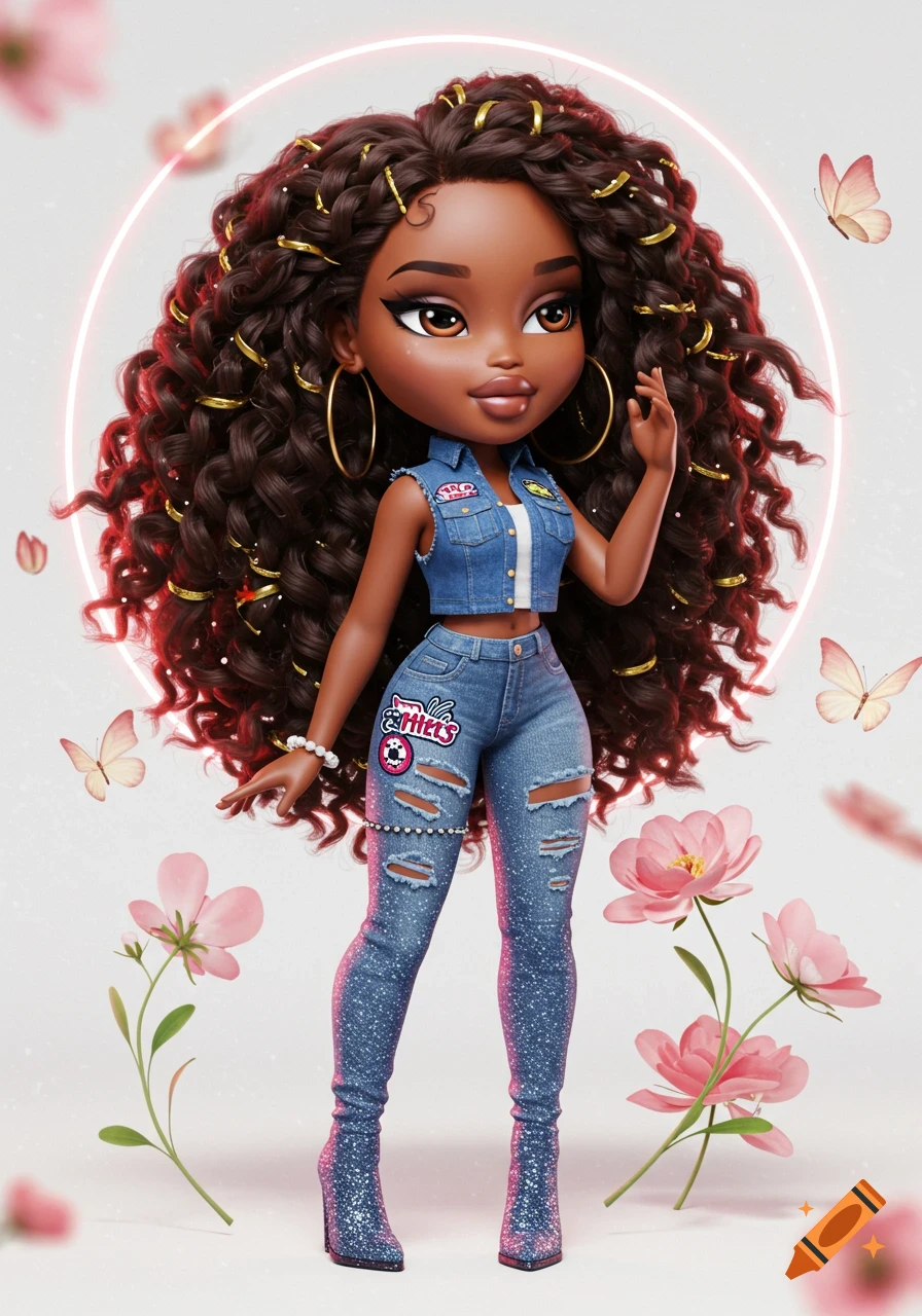 Stylized Bratz-style African American doll with long curly hair, denim vest, ripped jeans, glitter boots, surrounded by butterflies and flowers.