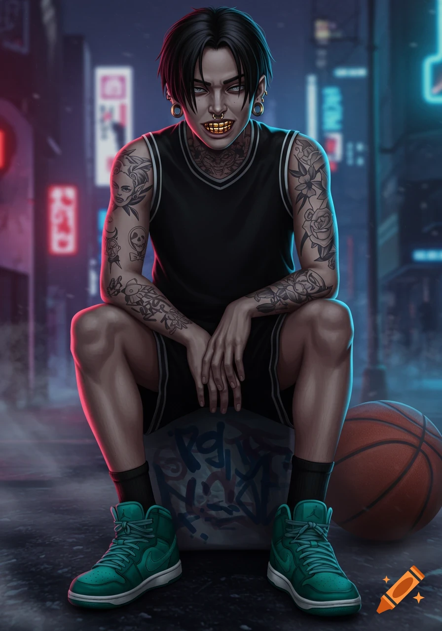 A goth character with gold grill, tattoos, and stretched ears, wearing a basketball jersey and green sneakers, sits on a graffiti-covered block in a neon-lit urban alley at night, with a basketball beside them.